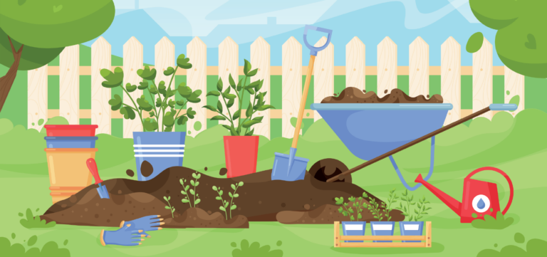 An illustrated garden scene featuring potted plants, a shovel, gardening gloves, and a wheelbarrow filled with soil in front of a white picket fence