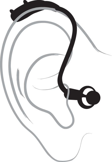 A technical drawing of a receiver-in-canal hearing aid