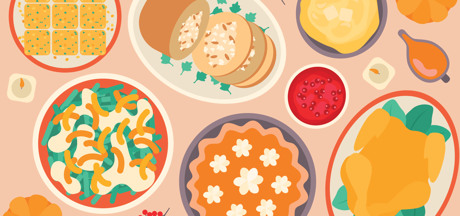 An overhead view of a table filled with various holiday dishes, including corn casserole, a sliced roast, green bean casserole, a pumpkin pie, and cranberry sauce